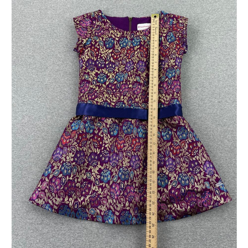 American Girl Purple Floral Metallic Holiday Party Dress Size 7 Blue Satin Sash - Picture 5 of 13